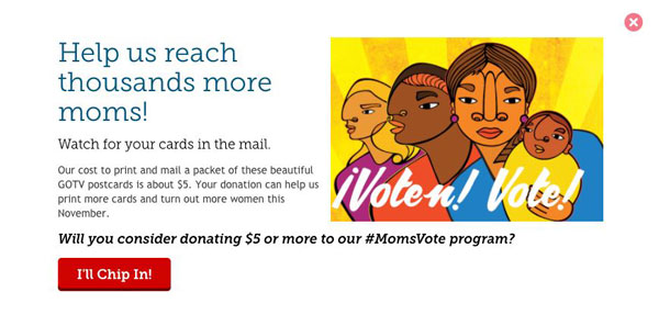 MomsRising postcard popup